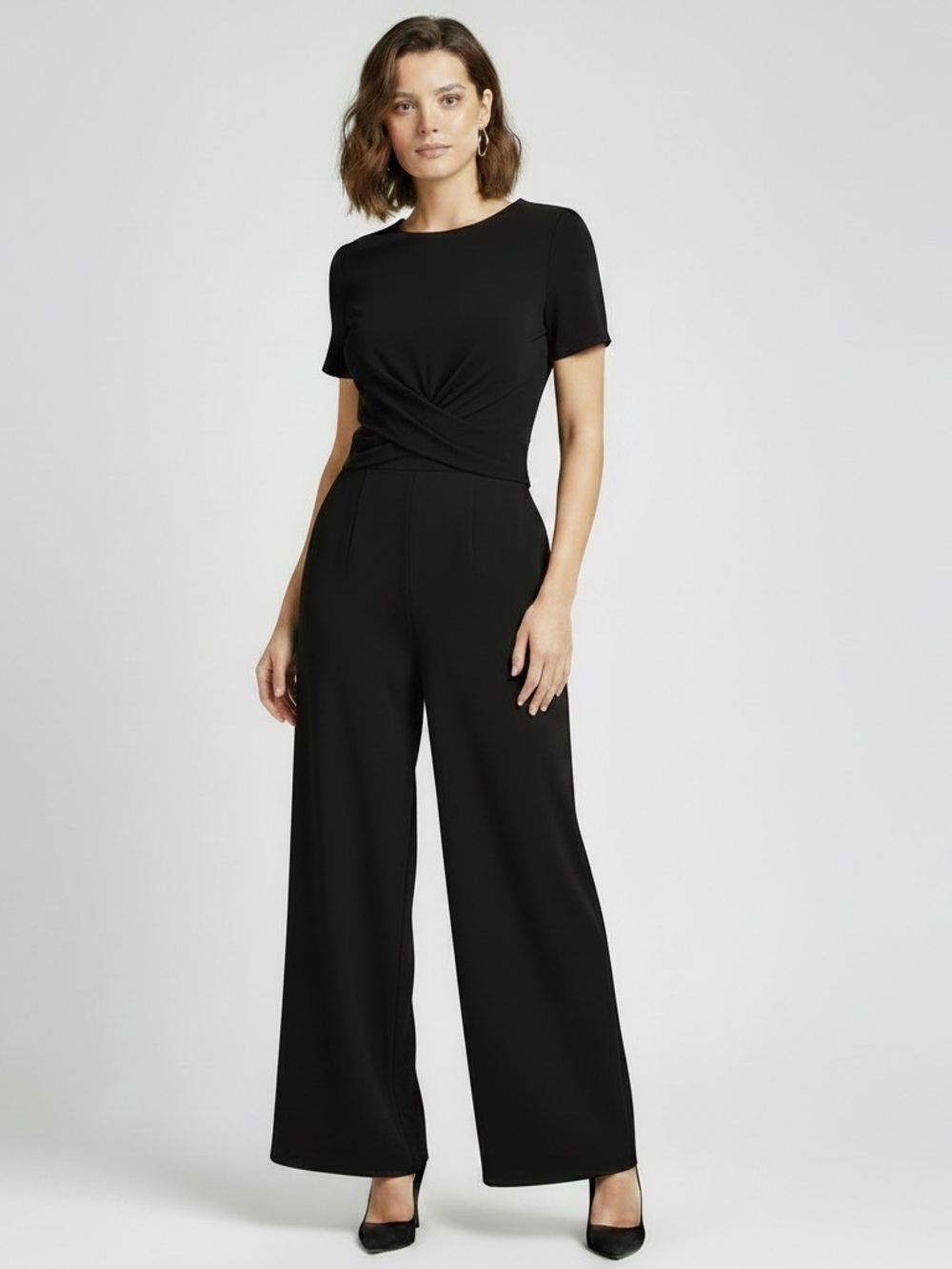 Garnet Hill Classic Crossover Front Black Wide Leg Jumpsuit size L